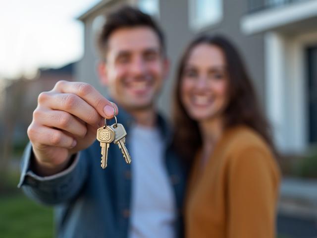 Young couple looking at house keys